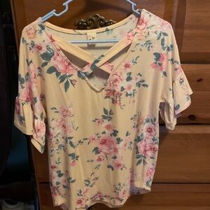 7th Ray Pink Floral Cross-Neck Blouse